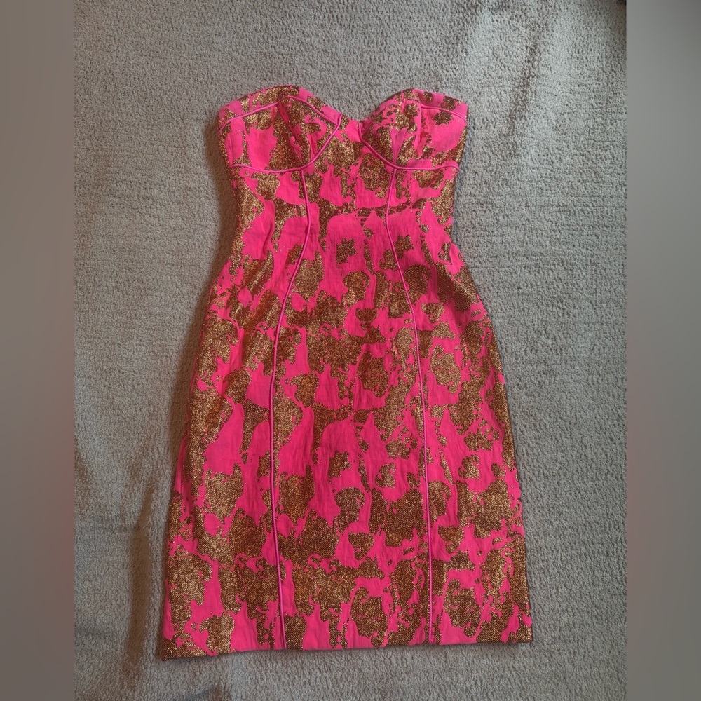 Vibrant Strapless Dress with Gold Accents